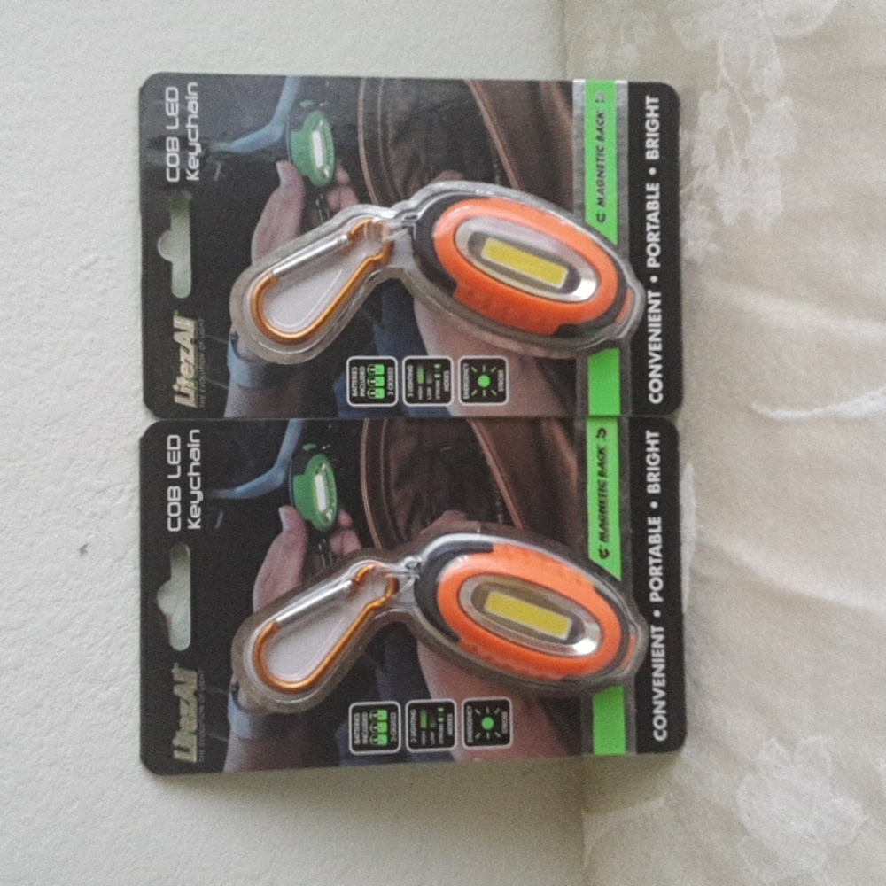 2 orange COB LED FlashLight w Emergency Strobe KeyChain Key Ring Hallowee NEW